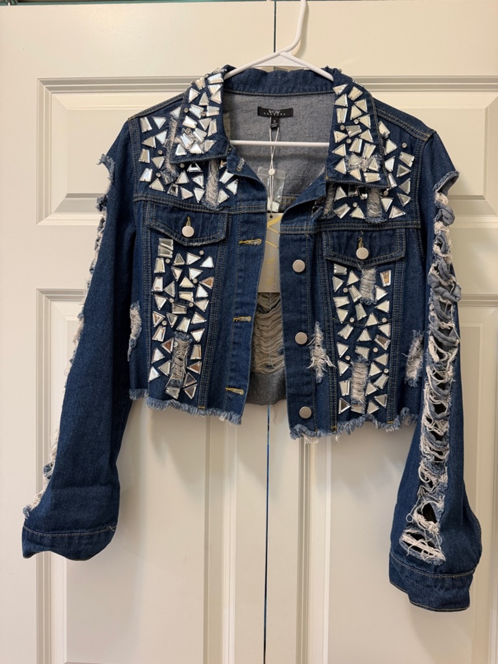 WOW couture Dark Blue Distressed Denim Jacket with Silver Mirror Studs